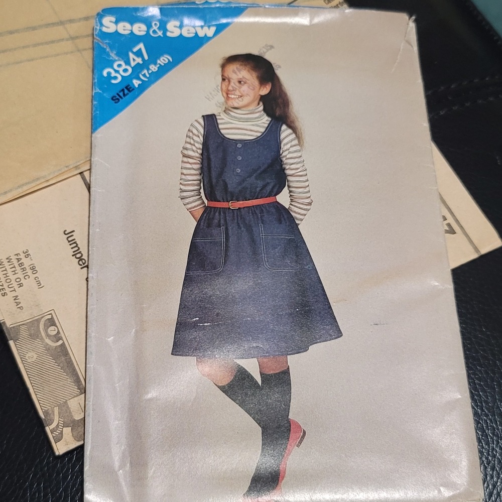 Vintage See & Sew Butterick 3847 Girls Jumper Dress Pattern Uncut Size 7-10
